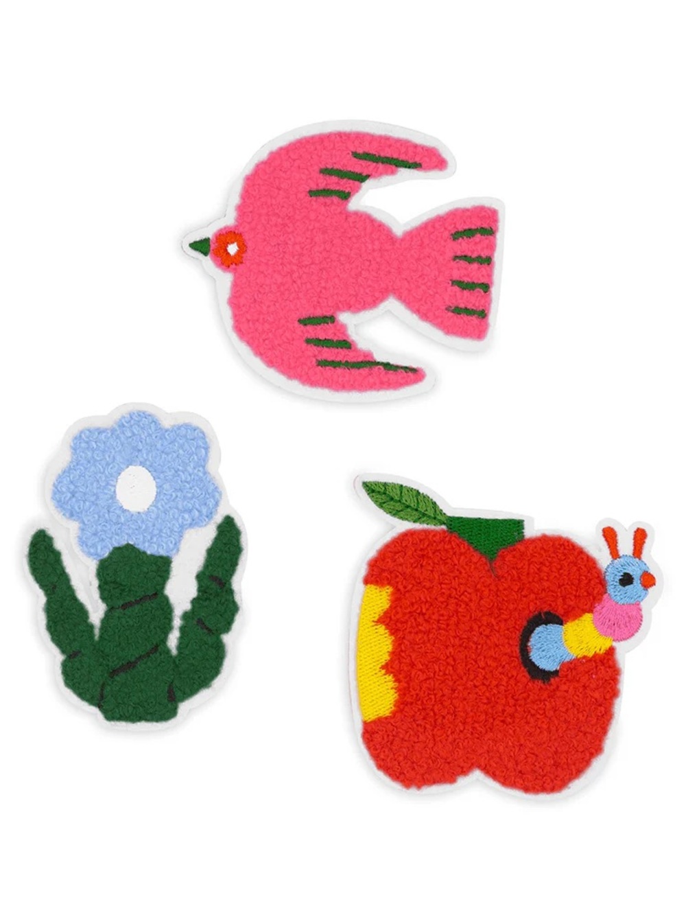 ban.do Pink Bird, Red Apple & Blue Flower Chenille Patch Set